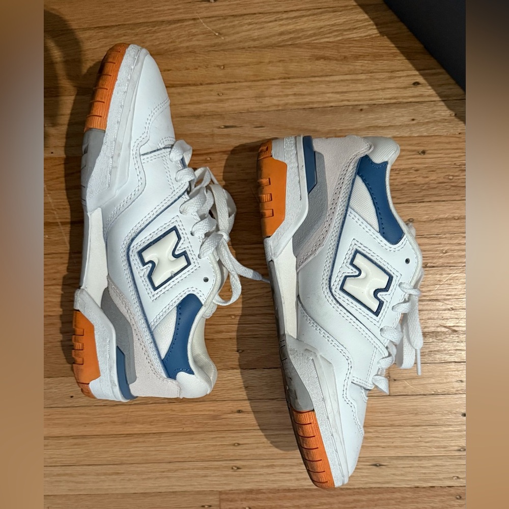 New Balance Kids White and Blue Sneakers with Orange Soles